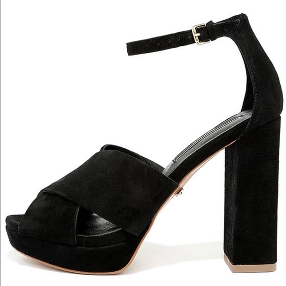 Black Leather/Suede Block High Heel Platform - Picture 2 of 3
